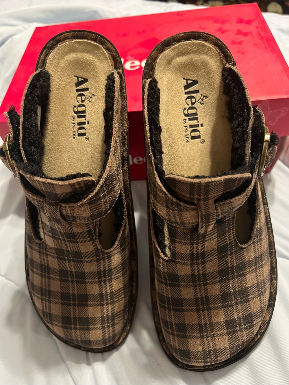 Alegria Brown Plaid Clog Mules with Buckle Strap - Picture 2 of 5